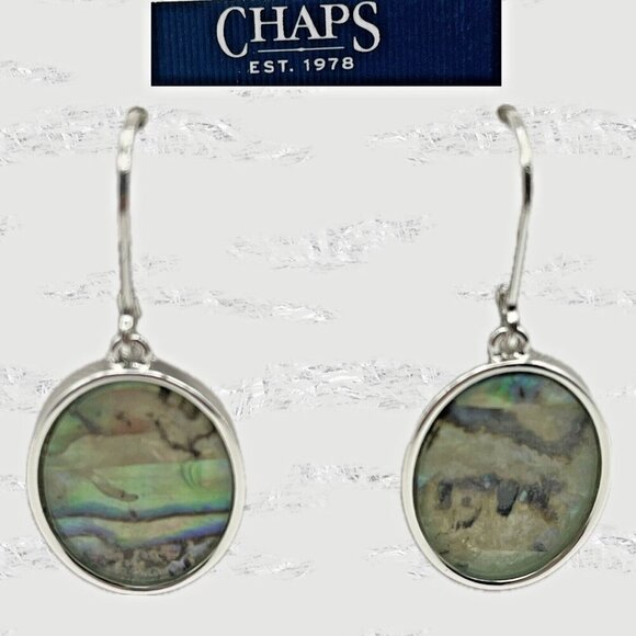 Chaps Abalone Oval Shaped Set in Silver-Tone Drop Leverback Closure Earrings - Picture 2 of 3